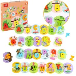 TOOKY TOY Drewniane Puzzle Montessori Układanka Nauka Alfabetu Liter Słów Alfabet Grube Klocki 26 el. Tooky Toy