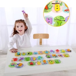 TOOKY TOY Drewniane Puzzle Montessori Układanka Nauka Alfabetu Liter Słów Alfabet Grube Klocki 26 el. Tooky Toy