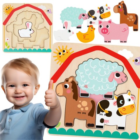 Tooky Toy Drewniane Puzzle Montessori Wielowarstwowe Tablica Zwierzątka na Farmie 7 el. Tooky Toy