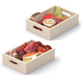 VIGA Drewniany Zestaw Artykułów Spożywczych w Skrzynkach Śniadanie Ryby Mięso Nabiał Viga Toys